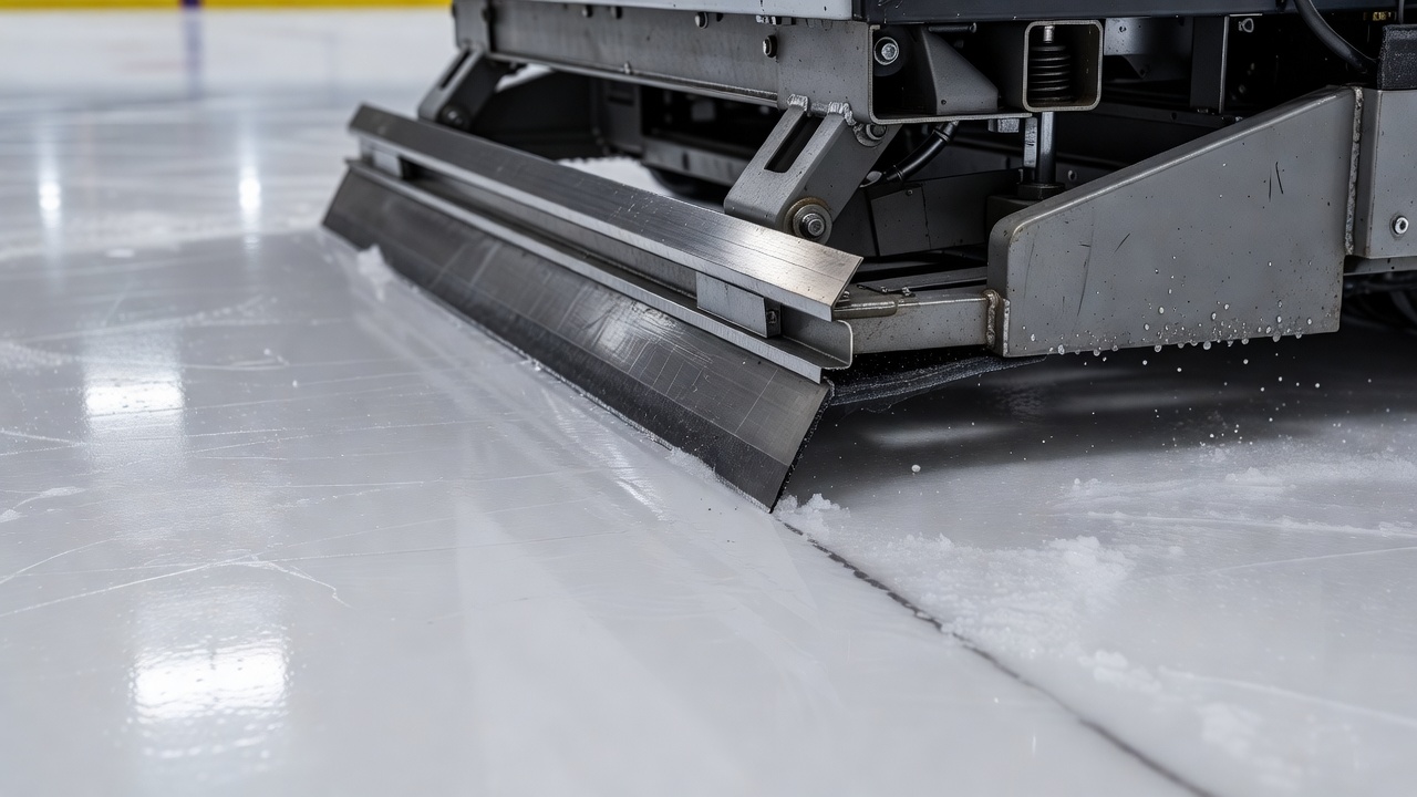 Close view of an ice resurfacer blade assembly beside the rink surface