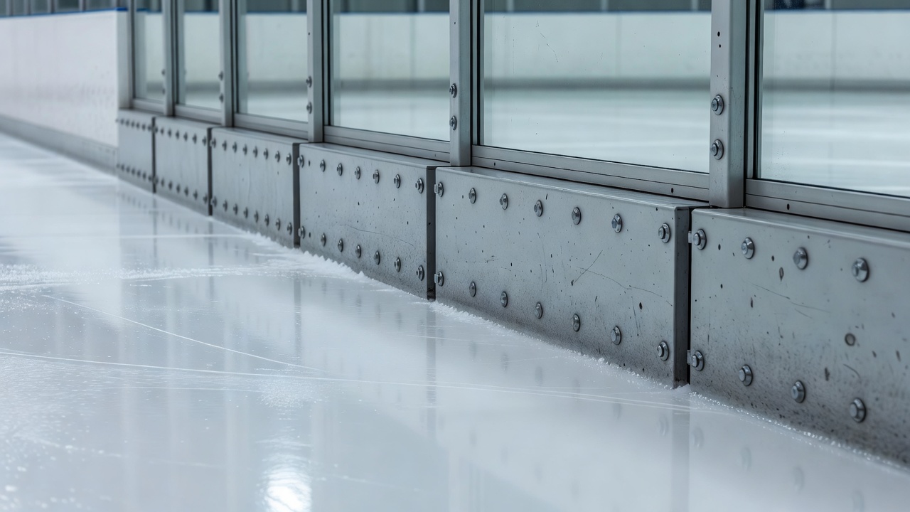 Rink-side detail showing board fixings and protective glass beside the ice